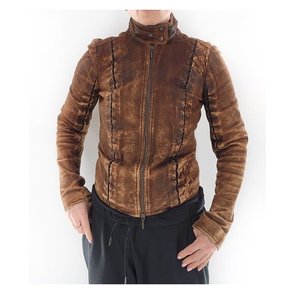 PLEIN SUD Brown Hook & Loop Detail Real Fur Distressed Leather Jacket - Picture 9 of 15